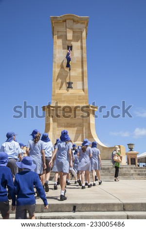 FREMANTLE, WESTERN AUSTRALIA, 11 NOV 2014: Local school children flock to the Fremantle War Memorial on Monument Hill Fremantle to pay tribute and participate in the annual Remembrance Day ceremony.