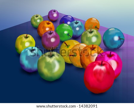 Rainbow Apples arranged scattered on a table