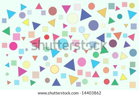 Confetti made of multi colored triangles, circles, and squares scattered on pale green back round.