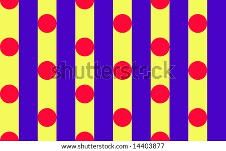 Red Polka dot pattern on royal blue and yellow stripes.