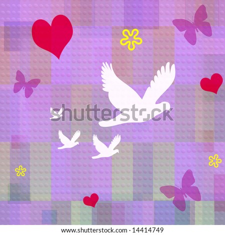 A decorative wall paper with hearts, butterflies and flowers floating on a violet plaid back round.