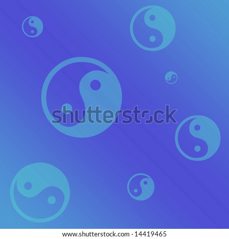 A soft blue background with a random arrangement of yin-yang symbols.