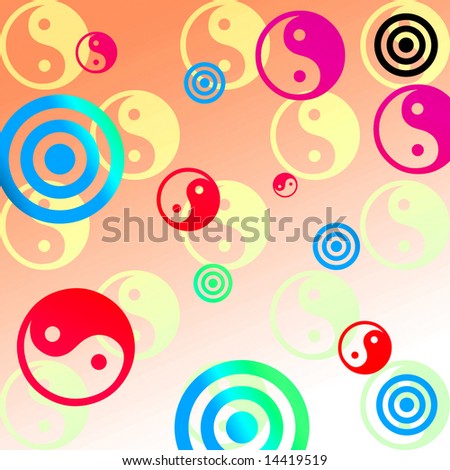 A soft peach background with a random arrangement of yin-yang and target symbols.
