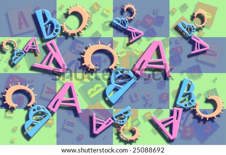 Letters ABC scattered randomly scattered on a blue and green checkered background.
