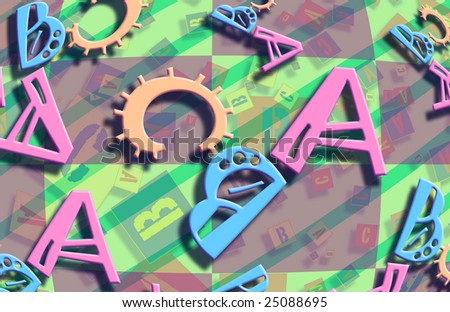 Letters ABC scattered randomly scattered on a blue and green diamond background.