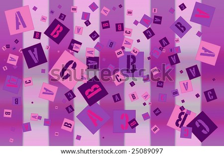 Letters ABC scattered randomly scattered on a blue and violet striped background.