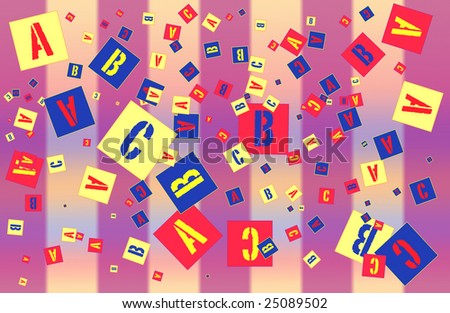 Letters ABC scattered randomly scattered on a yellow and violet striped background.