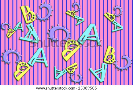 Letters ABC scattered randomly scattered on a pink background with blue pin stripes.