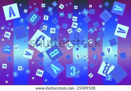 Letters ABC scattered randomly scattered on a blue and violet striped background.
