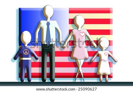 Generic figures of the family standing in front of an American flag.