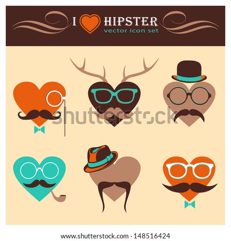 I Love Hipster background Vector Heart Icon Set with Hipster Elements I Love Hipster background Vector Heart Icon Set with Hipster Elements
