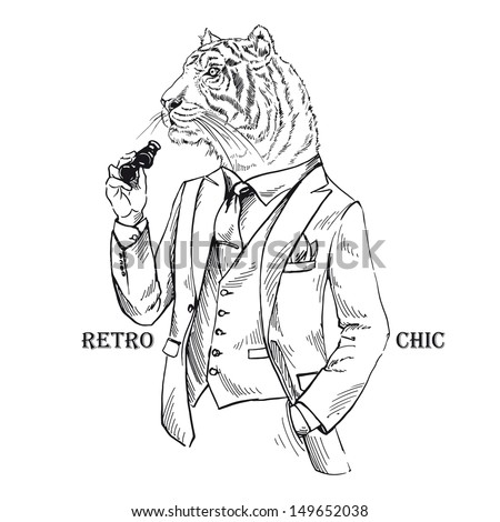 Fashion Illustration of Tiger dressed in Vintage Style Retro Chic Vector Image Fashion Illustration of Tiger dressed in Vintage Style Retro Chic Vector Image