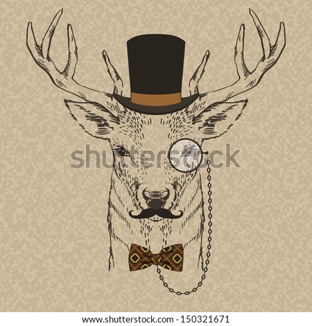 Fashion Illustration Of Deer Portrait In Retro Style, Hipster Look, Vector