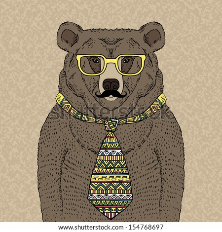 Hand Drawn Illustration Of Hipster Bear In Tie And Glasses With Mustache
