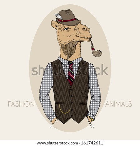 Hand Drawn Fashion Illustration of Camel with Tabacco Tube in colors Hand Drawn Fashion Illustration of Camel with Tabacco Tube in colors