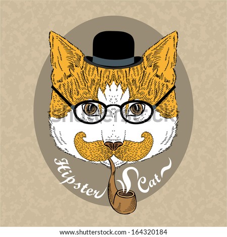 Hand Drawn Fashion Portrait of Hipster Cat in bowler hat with tobacco tube Hand Drawn Fashion Portrait of Hipster Cat in bowler hat with tobacco tube