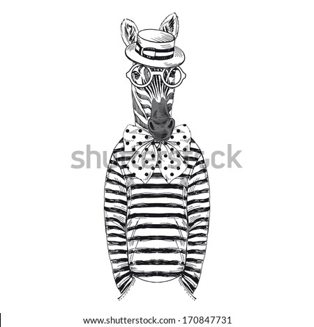 Hand drawn sketch of dressed up zebra isolated on white Hand drawn sketch of dressed up zebra isolated on white