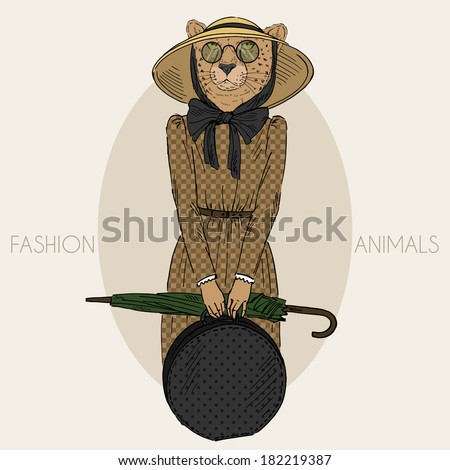 Fashion illustration of cheetah girl dressed up in vintage style Fashion illustration of cheetah girl dressed up in vintage style