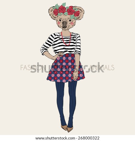 fashion animal illustration, cute koala hipster girl, character design