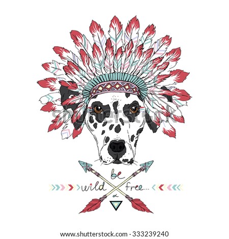 Dalmatian dog dressed up in Aztec style, hand drawn animal illustration, native american poster, t-shirt design