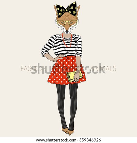 fox hipster girl, fashion animal illustration