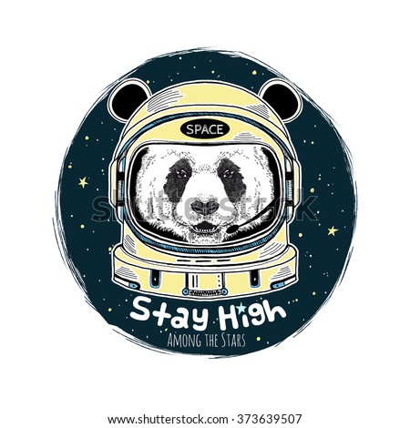 panda astronaut, hand drawn art print, animal illustration
