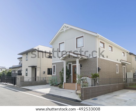 Japan\'s residential area image sunny blue sky green copy space