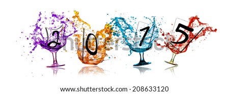 Panorama of colorful splashes out drink from glass on a white background, New year 2015.