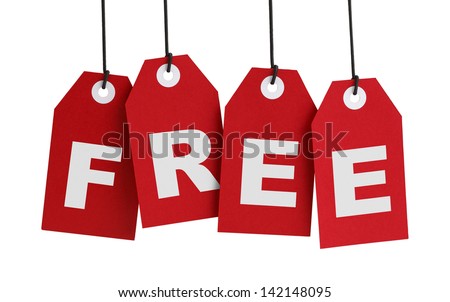 Four Large Red Tags with the Word Free on it Isolated on White Background Four Large Red Tags with the Word Free on it Isolated on White Background