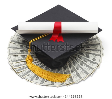 Graduate Hat with Degree and Cash Money Isolated on White Background.