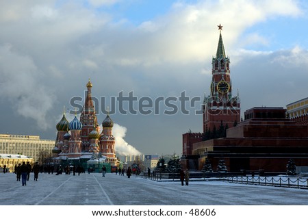 Winter snapshot of Moscow Kremlin, Mausoleum and The Blessed Vasily church at Red Square - Moscow, Russia