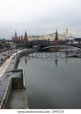 Spring snapshot of Moscow Kremlin, Kremlin embankment, Moscow River and the Kremlin's Wall with Spasskaya, Senatskaya and Nikolskaya towers - Moscow, Russia