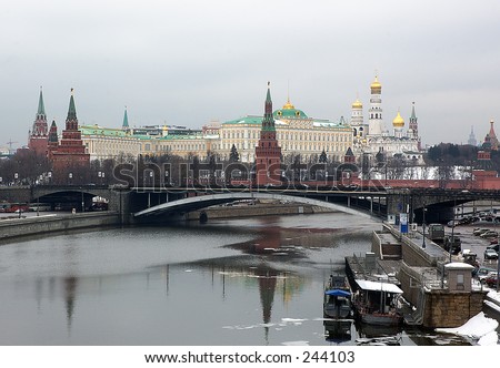 Spring snapshot of Moscow Kremlin, Kremlin embankment, Moscow River and the Kremlin\'s Wall with Spasskaya, Senatskaya and Nikolskaya towers - Moscow, Russia