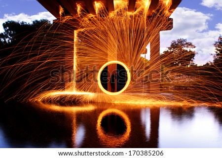 Fire Spinning Steel Wool Photography Water Reflection