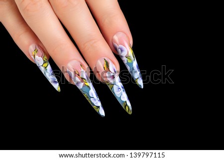 Design women\'s nails.Isolated on black background.