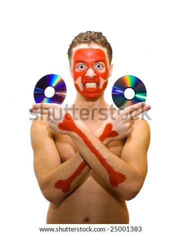 Picture of red skull painted man holding two disks isolated in white