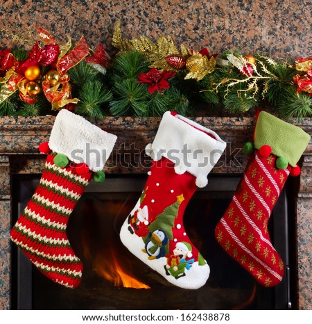 Christmas stocking on fireplace background