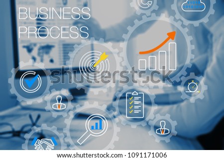 Business process management and automation technology concept with gears system or workflow and consultant team working on computer in office in background, automated ERP, CRM or financial tasks