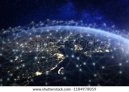 Asian telecommunication network connected over Asia, China, Japan, Korea, Hong Kong, concept about internet and global communication technology for finance, blockchain or IoT, elements from NASA