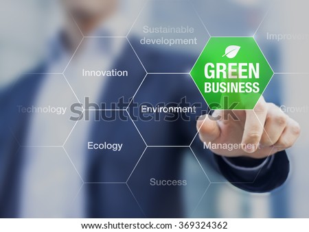 Presentation of green business concept for sustainable development with businessman in background