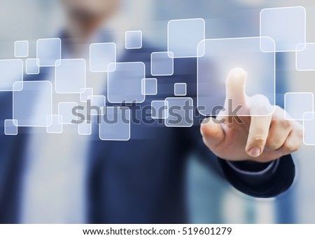 Abstract business concept, businessman touching a button on a virtual interface, technology