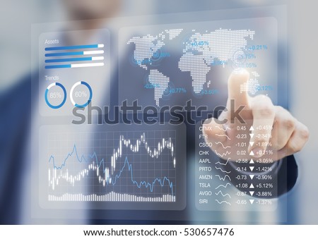 Financial dashboard with key performance indicators and charts analyzing stock market prices, businessman touching business kpi
