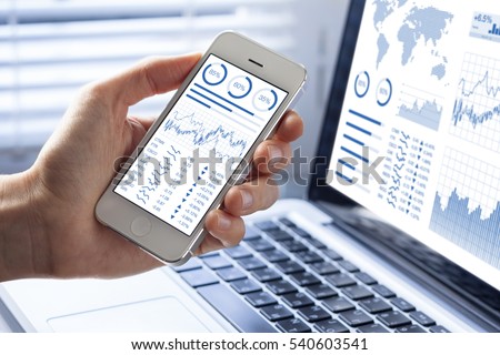 Investor analyzing stock market investments with financial dashboard, business intelligence (BI), and key performance indicators (KPI) on smartphone and computer screens