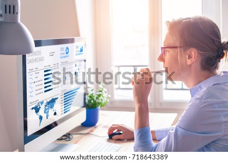Businesswoman looking at business analytics (BA) or intelligence (BI) dashboard on the computer screen with sales data statistical report and key performance indicators (KPI)