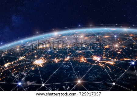 Global world telecommunication network with nodes connected around earth, concept about internet and worldwide communication technology, image from space furnished by NASA