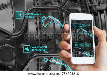 Augmented Reality technology maintenance and service of mechanical parts, technician using smartphone with AR interface on screen in smart industry, automated monitoring process