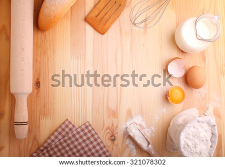 Baking ingredients: flour, milk, eggs
