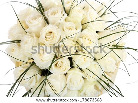 A large bouquet of white roses. A huge bouquet of cream roses. The isolated image on a white background.
