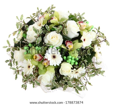 Floristic composition of white roses, white gerberas and orchids. Floral compositions, design a bouquet, floral arrangement.  Isolated on white background.