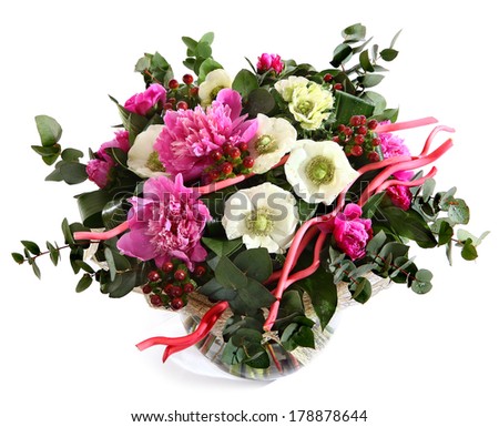 Design a bouquet of pink peonies, white flowers, and hypericum. Pink flowers, white flowers. Floral arrangement isolated on white background.